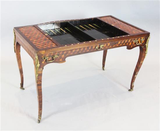 An 18th century Louis XV/Louis XVI Transitional kingwood and parquetry games table, indistinctly stamped LLEREE?, W.3ft 8in. D.2ft H.2f